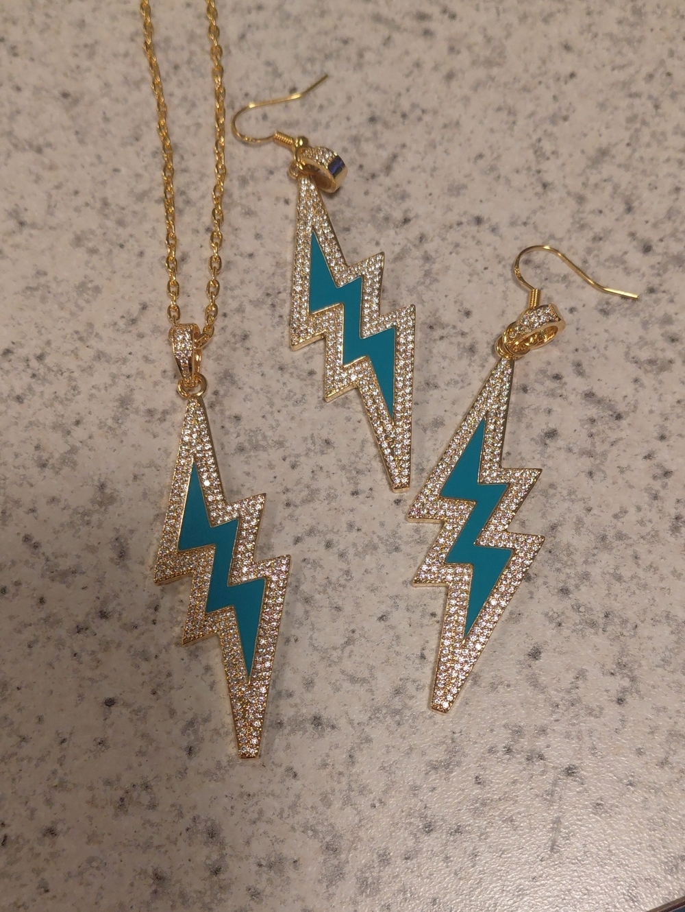 Gold-Tone Turquoise Lightning Pendant Necklace & Earrings Set - Women Jewelry